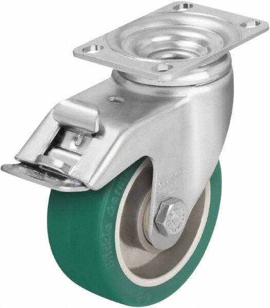 Blickle - 4" Diam x 1-9/16" Wide x 5-1/8" OAH Top Plate Mount Swivel Caster with Brake - Polyurethane-Elastomer Blickle Softhane, 400 Lb Capacity, Ball Bearing, 3-5/8 x 2-1/2" Plate - Apex Tool & Supply