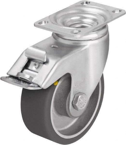 Blickle - 5" Diam x 1-9/16" Wide x 6-1/8" OAH Top Plate Mount Swivel Caster with Brake - Polyurethane-Elastomer Blickle Softhane, 400 Lb Capacity, Ball Bearing, 3-5/8 x 2-1/2" Plate - Apex Tool & Supply