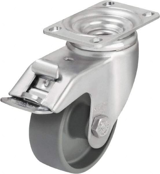 Blickle - 3-1/2" Diam x 1-1/4" Wide x 4-11/16" OAH Top Plate Mount Swivel Caster with Brake - Impact-Resistant Nylon, 400 Lb Capacity, Plain Bore Bearing, 3-5/8 x 2-1/2" Plate - Apex Tool & Supply