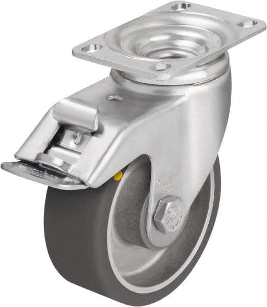 Blickle - 4" Diam x 1-9/16" Wide x 5-1/8" OAH Top Plate Mount Swivel Caster with Brake - Polyurethane-Elastomer Blickle Softhane, 400 Lb Capacity, Ball Bearing, 3-5/8 x 2-1/2" Plate - Apex Tool & Supply