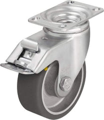 Blickle - 4" Diam x 1-9/16" Wide x 5-1/8" OAH Top Plate Mount Swivel Caster with Brake - Polyurethane-Elastomer Blickle Softhane, 400 Lb Capacity, Ball Bearing, 3-5/8 x 2-1/2" Plate - Apex Tool & Supply