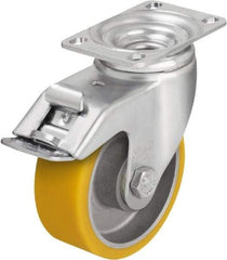 Blickle - 4" Diam x 1-9/16" Wide x 5-1/8" OAH Top Plate Mount Swivel Caster with Brake - Polyurethane-Elastomer Blickle Softhane, 400 Lb Capacity, Ball Bearing, 3-5/8 x 2-1/2" Plate - Apex Tool & Supply