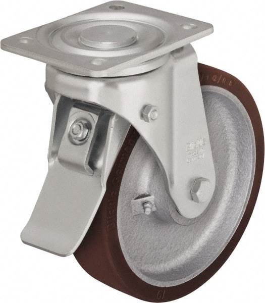Blickle - 5" Diam x 2-5/32" Wide x 6-11/16" OAH Top Plate Mount Swivel Caster with Brake - Impact-Resistant Cast Nylon, 1,980 Lb Capacity, Ball Bearing, 5-1/2 x 4-3/8" Plate - Apex Tool & Supply