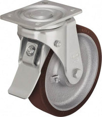 Blickle - 6-1/2" Diam x 1-31/32" Wide x 7-61/64" OAH Top Plate Mount Swivel Caster with Brake - Polyurethane-Elastomer Blickle Softhane, 1,760 Lb Capacity, Ball Bearing, 5-1/2 x 4-3/8" Plate - Apex Tool & Supply
