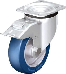 Blickle - 5" Diam x 1-37/64" Wide x 6-7/64" OAH Top Plate Mount Swivel Caster with Brake - Polyurethane-Elastomer Blickle Besthane, 770 Lb Capacity, Ball Bearing, 3-15/16 x 3-3/8" Plate - Apex Tool & Supply