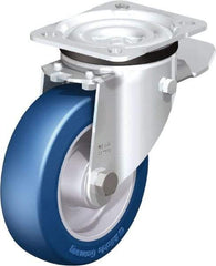 Blickle - 5" Diam x 1-37/64" Wide x 6-7/64" OAH Top Plate Mount Swivel Caster with Brake - Polyurethane-Elastomer Blickle Besthane, 770 Lb Capacity, Ball Bearing, 3-15/16 x 3-3/8" Plate - Apex Tool & Supply