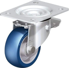 Blickle - 4" Diam x 1-37/64" Wide x 5-7/64" OAH Top Plate Mount Swivel Caster with Brake - Polyurethane-Elastomer Blickle Besthane, 660 Lb Capacity, Ball Bearing, 5-1/2 x 4-3/8" Plate - Apex Tool & Supply