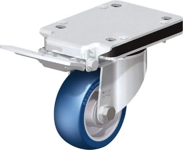 Blickle - 4" Diam x 1-37/64" Wide x 5-25/32" OAH Top Plate Mount Swivel Caster with Brake - Polyurethane-Elastomer Blickle Besthane, 660 Lb Capacity, Ball Bearing, 5-1/2 x 4-3/8" Plate - Apex Tool & Supply