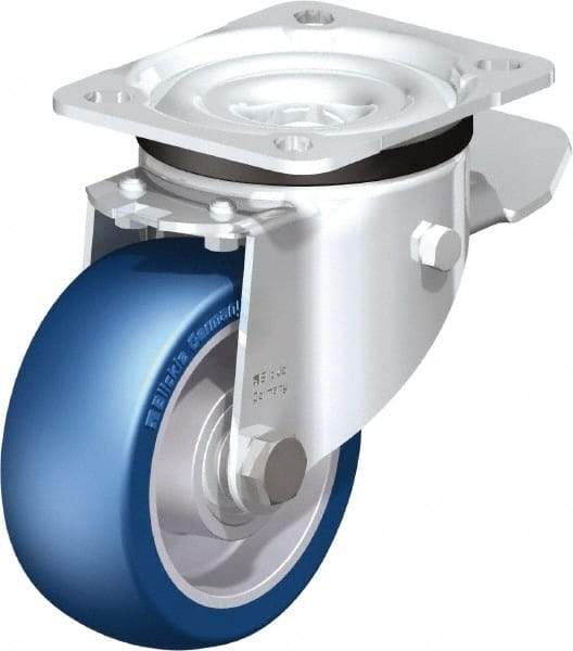 Blickle - 4" Diam x 1-37/64" Wide x 5-7/64" OAH Top Plate Mount Swivel Caster with Brake - Polyurethane-Elastomer Blickle Besthane, 660 Lb Capacity, Ball Bearing, 3-15/16 x 3-3/8" Plate - Apex Tool & Supply
