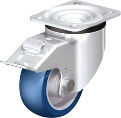 Blickle - 4" Diam x 1-37/64" Wide x 5-7/64" OAH Top Plate Mount Swivel Caster with Brake - Polyurethane-Elastomer Blickle Besthane, 660 Lb Capacity, Ball Bearing, 3-15/16 x 3-3/8" Plate - Apex Tool & Supply