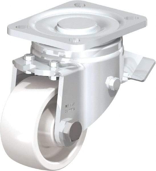 Blickle - 3" Diam x 1-29/64" Wide x 4-23/32" OAH Top Plate Mount Swivel Caster with Brake - Impact-Resistant Nylon, 770 Lb Capacity, Plain Bore Bearing, 3-15/16 x 3-3/8" Plate - Apex Tool & Supply
