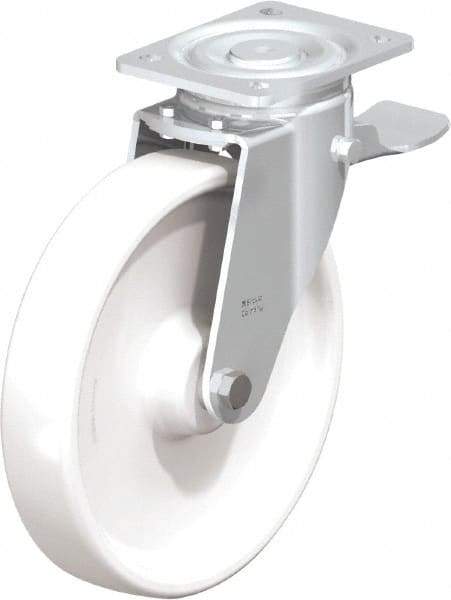 Blickle - 10" Diam x 1-31/32" Wide x 11-39/64" OAH Top Plate Mount Swivel Caster with Brake - Impact-Resistant Nylon, 1,980 Lb Capacity, Plain Bore Bearing, 5-1/2 x 4-3/8" Plate - Apex Tool & Supply