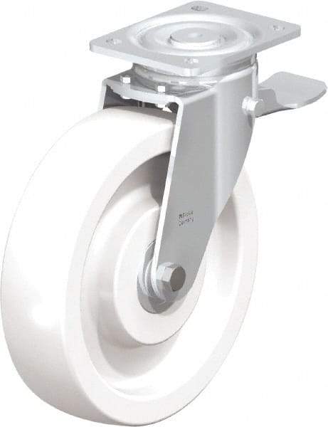 Blickle - 10" Diam x 2-9/16" Wide x 11-39/64" OAH Top Plate Mount Swivel Caster with Brake - Impact-Resistant Nylon, 1,980 Lb Capacity, Ball Bearing, 5-1/2 x 4-3/8" Plate - Apex Tool & Supply
