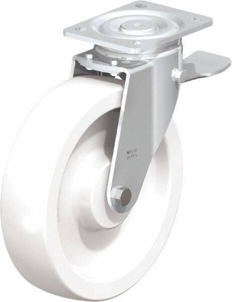 Blickle - 10" Diam x 2-9/16" Wide x 11-39/64" OAH Top Plate Mount Swivel Caster with Brake - Impact-Resistant Nylon, 1,980 Lb Capacity, Plain Bore Bearing, 5-1/2 x 4-3/8" Plate - Apex Tool & Supply