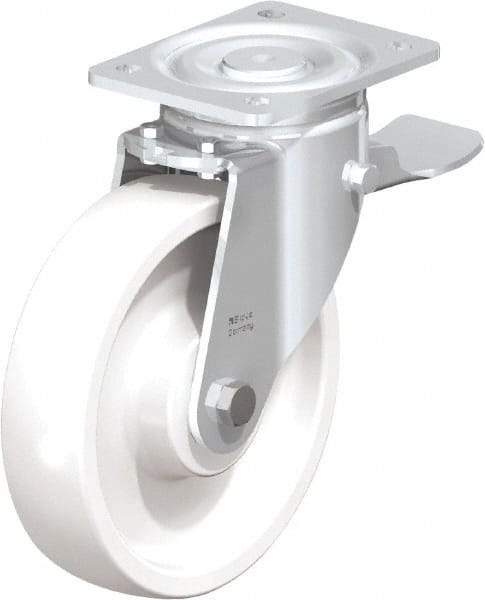 Blickle - 8" Diam x 1-31/32" Wide x 9-41/64" OAH Top Plate Mount Swivel Caster with Brake - Impact-Resistant Nylon, 1,980 Lb Capacity, Ball Bearing, 5-1/2 x 4-3/8" Plate - Apex Tool & Supply