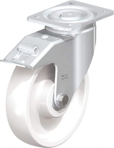 Blickle - 8" Diam x 1-31/32" Wide x 9-41/64" OAH Top Plate Mount Swivel Caster with Brake - Impact-Resistant Nylon, 1,980 Lb Capacity, Ball Bearing, 5-1/2 x 4-3/8" Plate - Apex Tool & Supply