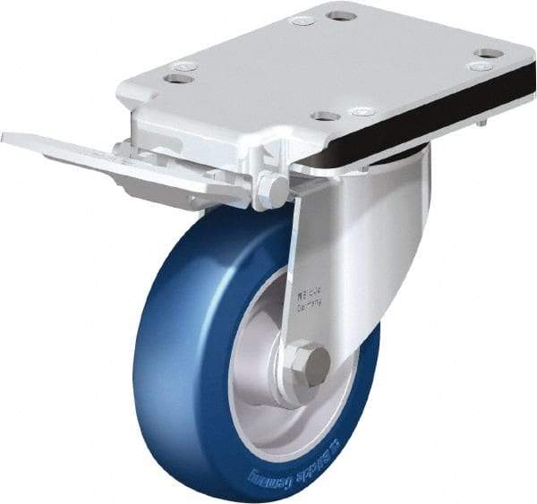 Blickle - 5" Diam x 1-37/64" Wide x 5-25/32" OAH Top Plate Mount Swivel Caster with Brake - Polyurethane-Elastomer Blickle Besthane, 770 Lb Capacity, Ball Bearing, 5-1/2 x 4-3/8" Plate - Apex Tool & Supply