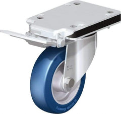 Blickle - 5" Diam x 1-37/64" Wide x 5-25/32" OAH Top Plate Mount Swivel Caster with Brake - Polyurethane-Elastomer Blickle Besthane, 770 Lb Capacity, Ball Bearing, 5-1/2 x 4-3/8" Plate - Apex Tool & Supply