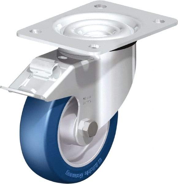 Blickle - 5" Diam x 1-37/64" Wide x 6-7/64" OAH Top Plate Mount Swivel Caster with Brake - Polyurethane-Elastomer Blickle Besthane, 770 Lb Capacity, Ball Bearing, 5-1/2 x 4-3/8" Plate - Apex Tool & Supply