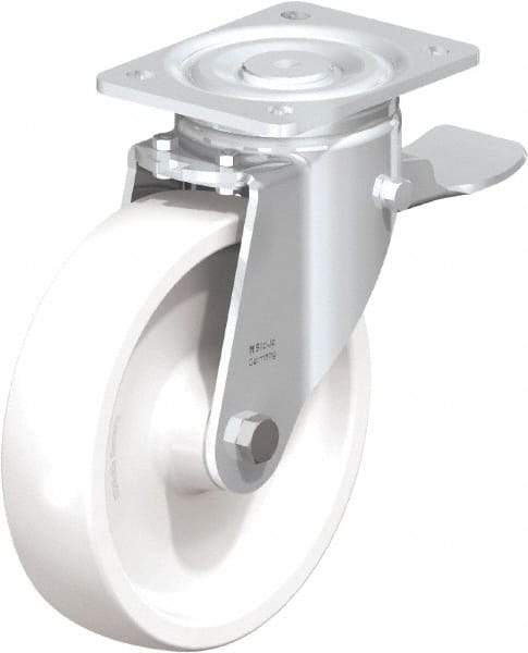 Blickle - 8" Diam x 1-31/32" Wide x 9-41/64" OAH Top Plate Mount Swivel Caster with Brake - Impact-Resistant Nylon, 1,980 Lb Capacity, Plain Bore Bearing, 5-1/2 x 4-3/8" Plate - Apex Tool & Supply