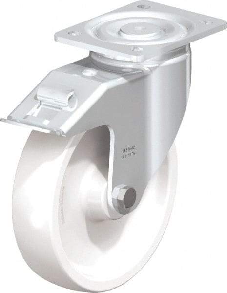 Blickle - 8" Diam x 1-31/32" Wide x 9-41/64" OAH Top Plate Mount Swivel Caster with Brake - Impact-Resistant Nylon, 1,980 Lb Capacity, Plain Bore Bearing, 5-1/2 x 4-3/8" Plate - Apex Tool & Supply
