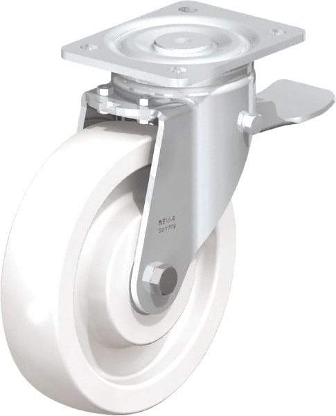 Blickle - 8" Diam x 1-31/32" Wide x 9-41/64" OAH Top Plate Mount Swivel Caster with Brake - Impact-Resistant Nylon, 1,980 Lb Capacity, Ball Bearing, 5-1/2 x 4-3/8" Plate - Apex Tool & Supply