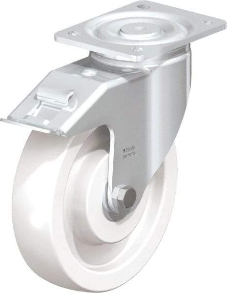 Blickle - 8" Diam x 1-31/32" Wide x 9-41/64" OAH Top Plate Mount Swivel Caster with Brake - Impact-Resistant Nylon, 1,980 Lb Capacity, Ball Bearing, 5-1/2 x 4-3/8" Plate - Apex Tool & Supply