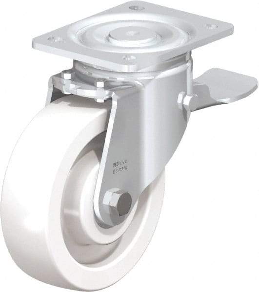 Blickle - 6-1/2" Diam x 1-31/32" Wide x 7-3/4" OAH Top Plate Mount Swivel Caster with Brake - Impact-Resistant Nylon, 1,870 Lb Capacity, Ball Bearing, 5-1/2 x 4-3/8" Plate - Apex Tool & Supply