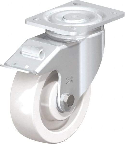 Blickle - 6-1/2" Diam x 1-31/32" Wide x 7-3/4" OAH Top Plate Mount Swivel Caster with Brake - Impact-Resistant Nylon, 1,870 Lb Capacity, Ball Bearing, 5-1/2 x 4-3/8" Plate - Apex Tool & Supply