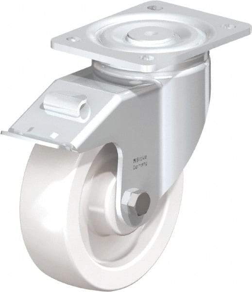 Blickle - 6-1/2" Diam x 1-31/32" Wide x 7-3/4" OAH Top Plate Mount Swivel Caster with Brake - Impact-Resistant Nylon, 1,870 Lb Capacity, Plain Bore Bearing, 5-1/2 x 4-3/8" Plate - Apex Tool & Supply