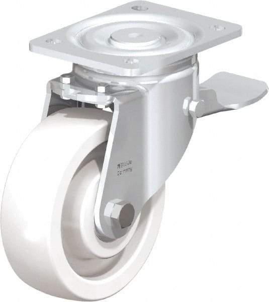 Blickle - 6" Diam x 1-31/32" Wide x 7-3/4" OAH Top Plate Mount Swivel Caster with Brake - Impact-Resistant Nylon, 1,760 Lb Capacity, Ball Bearing, 5-1/2 x 4-3/8" Plate - Apex Tool & Supply