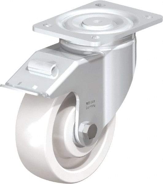 Blickle - 6" Diam x 1-31/32" Wide x 7-3/4" OAH Top Plate Mount Swivel Caster with Brake - Impact-Resistant Nylon, 1,760 Lb Capacity, Ball Bearing, 5-1/2 x 4-3/8" Plate - Apex Tool & Supply