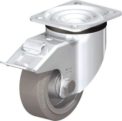 Blickle - 4" Diam x 1-37/64" Wide x 5-7/64" OAH Top Plate Mount Swivel Caster with Brake - Solid Rubber, 440 Lb Capacity, Ball Bearing, 3-15/16 x 3-3/8" Plate - Apex Tool & Supply