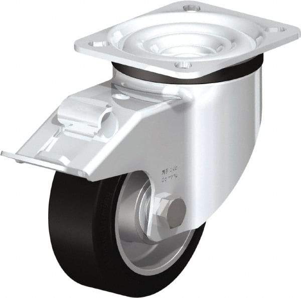 Blickle - 4" Diam x 1-37/64" Wide x 5-7/64" OAH Top Plate Mount Swivel Caster with Brake - Solid Rubber, 440 Lb Capacity, Ball Bearing, 3-15/16 x 3-3/8" Plate - Apex Tool & Supply