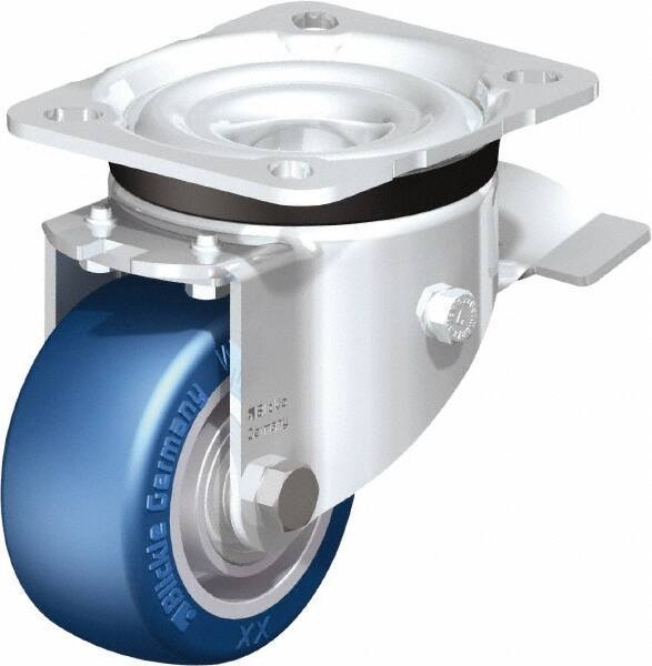 Blickle - 3" Diam x 1-37/64" Wide x 4-21/64" OAH Top Plate Mount Swivel Caster with Brake - Polyurethane-Elastomer Blickle Besthane, 506 Lb Capacity, Ball Bearing, 3-15/16 x 3-3/8" Plate - Apex Tool & Supply