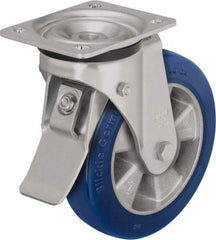 Blickle - 8" Diam x 1-31/32" Wide x 9-41/64" OAH Top Plate Mount Swivel Caster with Brake - Polyurethane-Elastomer Blickle Besthane, 1,320 Lb Capacity, Ball Bearing, 5-1/2 x 4-3/8" Plate - Apex Tool & Supply