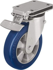 Blickle - 8" Diam x 1-31/32" Wide x 10-5/16" OAH Top Plate Mount Swivel Caster with Brake - Polyurethane-Elastomer Blickle Besthane, 1,320 Lb Capacity, Ball Bearing, 5-1/2 x 4-3/8" Plate - Apex Tool & Supply