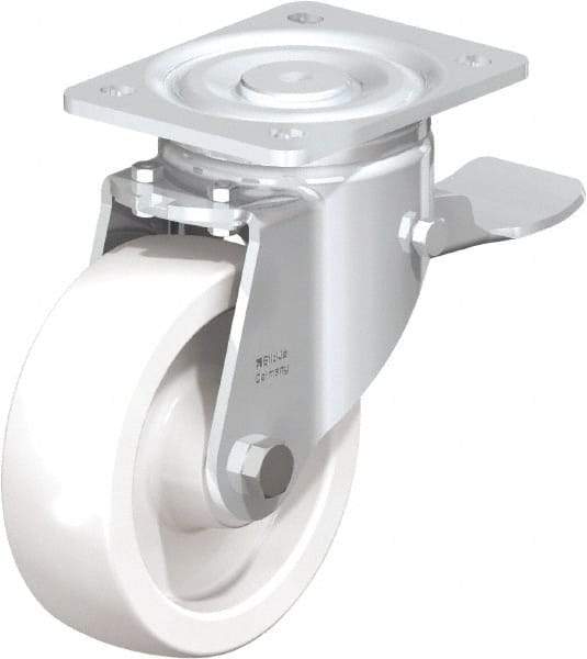Blickle - 6" Diam x 1-31/32" Wide x 7-3/4" OAH Top Plate Mount Swivel Caster with Brake - Impact-Resistant Nylon, 1,760 Lb Capacity, Plain Bore Bearing, 5-1/2 x 4-3/8" Plate - Apex Tool & Supply