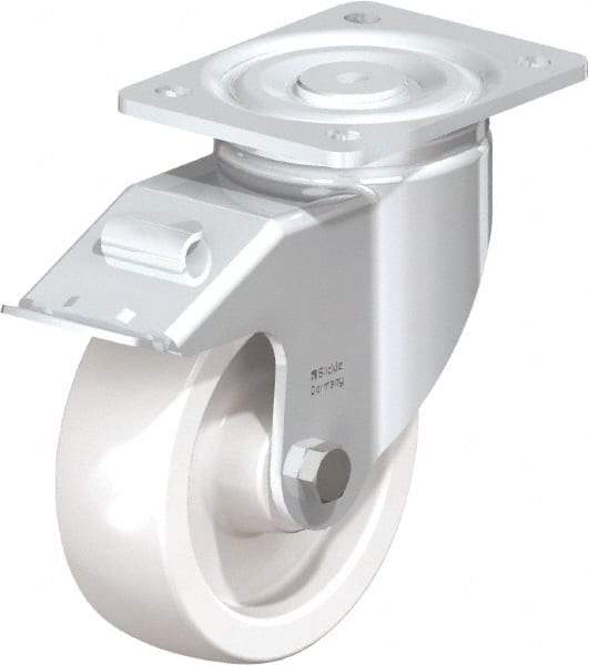 Blickle - 6" Diam x 1-31/32" Wide x 7-3/4" OAH Top Plate Mount Swivel Caster with Brake - Impact-Resistant Nylon, 1,760 Lb Capacity, Plain Bore Bearing, 5-1/2 x 4-3/8" Plate - Apex Tool & Supply