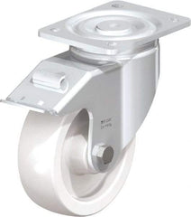 Blickle - 6" Diam x 1-31/32" Wide x 7-3/4" OAH Top Plate Mount Swivel Caster with Brake - Impact-Resistant Nylon, 1,760 Lb Capacity, Plain Bore Bearing, 5-1/2 x 4-3/8" Plate - Apex Tool & Supply