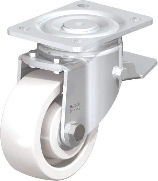 Blickle - 5" Diam x 1-31/32" Wide x 6-11/16" OAH Top Plate Mount Swivel Caster with Brake - Impact-Resistant Nylon, 1,650 Lb Capacity, Ball Bearing, 5-1/2 x 4-3/8" Plate - Apex Tool & Supply