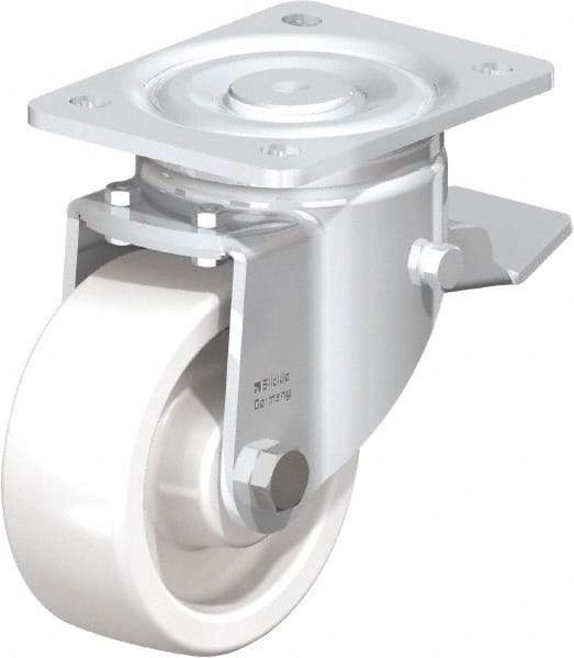 Blickle - 5" Diam x 1-31/32" Wide x 6-11/16" OAH Top Plate Mount Swivel Caster with Brake - Impact-Resistant Nylon, 1,650 Lb Capacity, Plain Bore Bearing, 5-1/2 x 4-3/8" Plate - Apex Tool & Supply