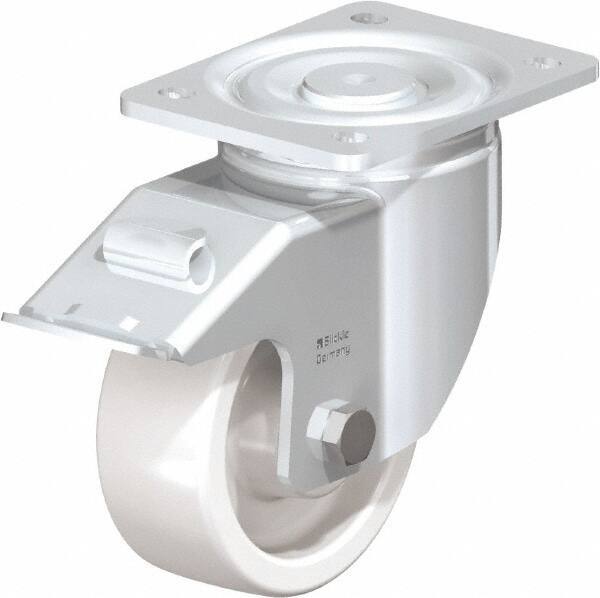 Blickle - 5" Diam x 1-31/32" Wide x 6-11/16" OAH Top Plate Mount Swivel Caster with Brake - Impact-Resistant Nylon, 1,650 Lb Capacity, Plain Bore Bearing, 5-1/2 x 4-3/8" Plate - Apex Tool & Supply