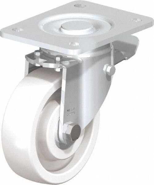 Blickle - 5" Diam x 1-29/64" Wide x 6-1/2" OAH Top Plate Mount Swivel Caster with Brake - Impact-Resistant Nylon, 1,540 Lb Capacity, Ball Bearing, 5-1/2 x 4-3/8" Plate - Apex Tool & Supply
