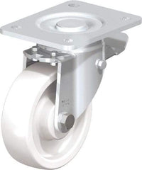 Blickle - 5" Diam x 1-29/64" Wide x 6-1/2" OAH Top Plate Mount Swivel Caster with Brake - Impact-Resistant Nylon, 1,540 Lb Capacity, Plain Bore Bearing, 5-1/2 x 4-3/8" Plate - Apex Tool & Supply