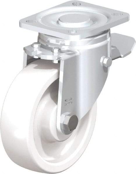 Blickle - 5" Diam x 1-29/64" Wide x 6-1/2" OAH Top Plate Mount Swivel Caster with Brake - Impact-Resistant Nylon, 1,540 Lb Capacity, Plain Bore Bearing, 3-15/16 x 3-3/8" Plate - Apex Tool & Supply