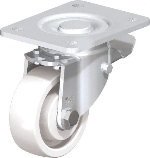 Blickle - 4" Diam x 1-29/64" Wide x 6-1/2" OAH Top Plate Mount Swivel Caster with Brake - Impact-Resistant Nylon, 1,100 Lb Capacity, Ball Bearing, 5-1/2 x 4-3/8" Plate - Apex Tool & Supply
