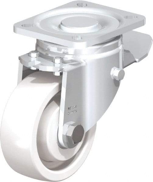 Blickle - 4" Diam x 1-29/64" Wide x 5-33/64" OAH Top Plate Mount Swivel Caster with Brake - Impact-Resistant Nylon, 1,100 Lb Capacity, Ball Bearing, 3-15/16 x 3-3/8" Plate - Apex Tool & Supply