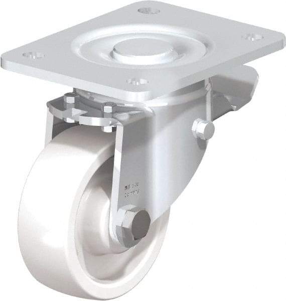 Blickle - 4" Diam x 1-29/64" Wide x 5-33/64" OAH Top Plate Mount Swivel Caster with Brake - Impact-Resistant Nylon, 1,100 Lb Capacity, Plain Bore Bearing, 5-1/2 x 4-3/8" Plate - Apex Tool & Supply