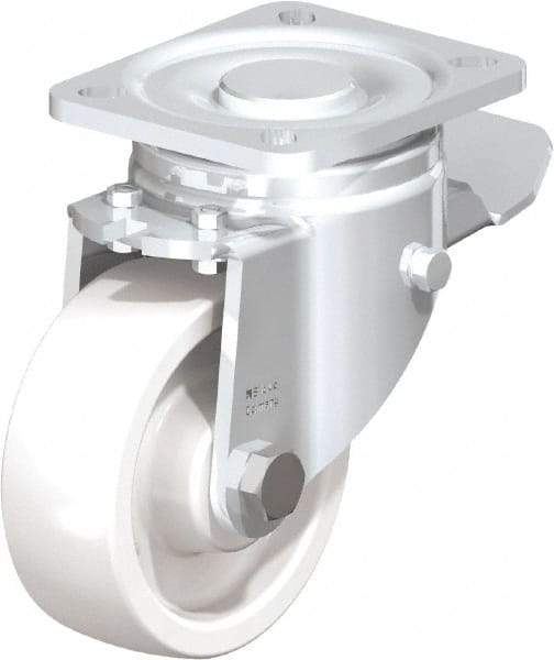 Blickle - 4" Diam x 1-29/64" Wide x 5-33/64" OAH Top Plate Mount Swivel Caster with Brake - Impact-Resistant Nylon, 1,100 Lb Capacity, Plain Bore Bearing, 3-15/16 x 3-3/8" Plate - Apex Tool & Supply